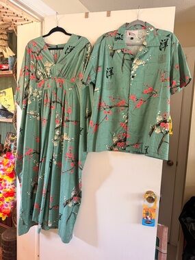 The Oblong Box Shop Japanese Cheery Blosom Button-Up Shirt in Mint Green
